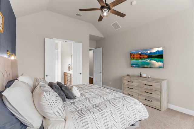 2402 Wilson Dr, Anna, TX 75409 - bedroom with vaulted ceiling, light colored carpet, ensuite bath, and ceiling fan