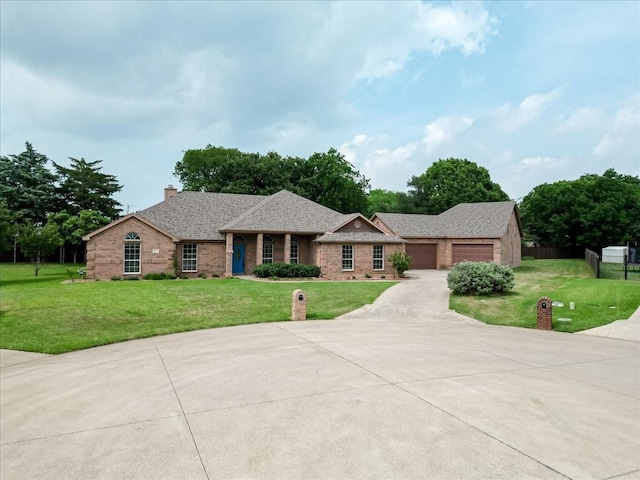 316 Cottonwood Trl, Shady Shores, TX 76208 - ranch-style house featuring brick siding, a garage, driveway, and a chimney