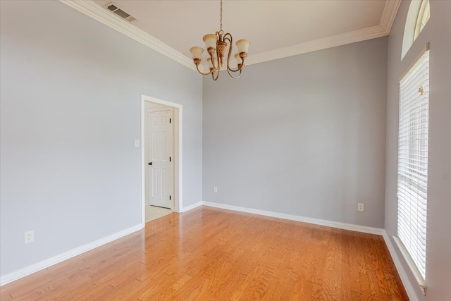 316 Cottonwood Trl, Shady Shores, TX 76208 - unfurnished room with light wood-style flooring, a chandelier, crown molding, and baseboards