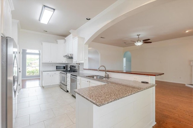 316 Cottonwood Trl, Shady Shores, TX 76208 - kitchen featuring appliances with stainless steel finishes, a sink, a peninsula, under cabinet range hood, and a ceiling fan