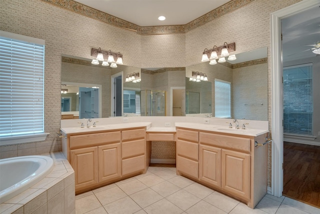9 Park Place Ct, Wichita Falls, TX 76302 - full bathroom with vanity, a garden tub, tile patterned flooring, and a stall shower