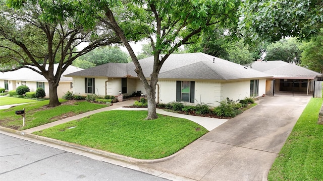 4508 Ramsgate Ct, Arlington, TX 76013 - ranch-style house featuring a front lawn, concrete driveway, a shingled roof, and a carport