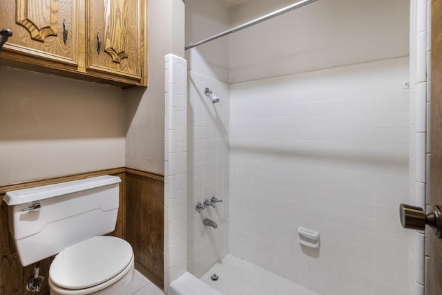 4508 Ramsgate Ct, Arlington, TX 76013 - full bath with a tile shower, toilet, and a wainscoted wall