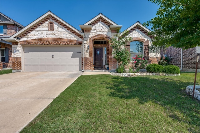 11408 Aquilla Dr, Frisco, TX 75036 - french provincial home featuring a garage, brick siding, a front lawn, stone siding, and concrete driveway