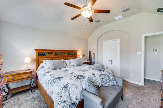 11408 Aquilla Dr, Frisco, TX 75036 - bedroom with light colored carpet, vaulted ceiling, a closet, baseboards, and ceiling fan