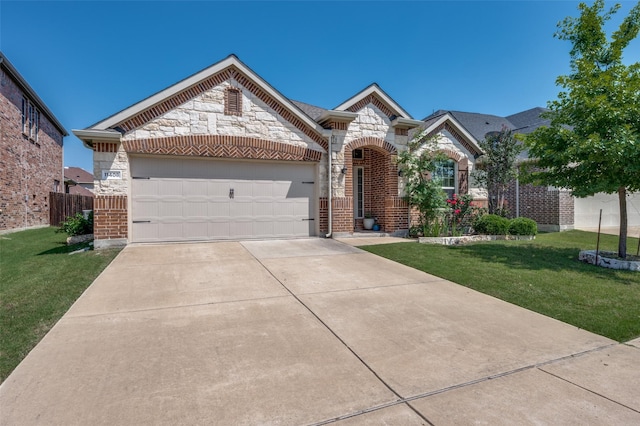 11408 Aquilla Dr, Frisco, TX 75036 - french provincial home with stone siding, concrete driveway, a garage, and brick siding