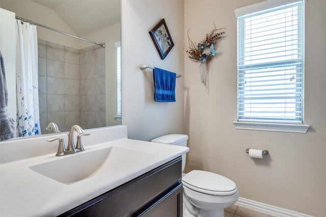 11408 Aquilla Dr, Frisco, TX 75036 - bathroom featuring toilet, vanity, a shower with shower curtain, vaulted ceiling, and tile patterned floors