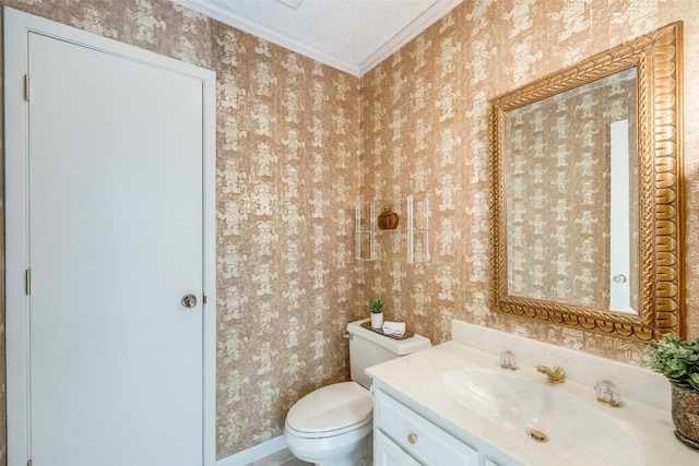 23 Crosslands Rd, Benbrook, TX 76132 - half bath featuring wallpapered walls, ornamental molding, toilet, vanity, and baseboards
