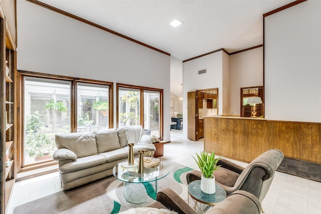 23 Crosslands Rd, Benbrook, TX 76132 - living area featuring crown molding, a high ceiling, healthy amount of natural light, and light tile patterned floors