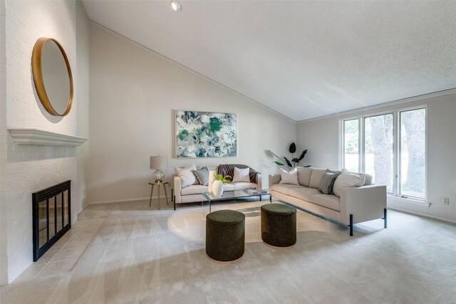 23 Crosslands Rd, Benbrook, TX 76132 - carpeted living area with vaulted ceiling, a fireplace, baseboards, and crown molding