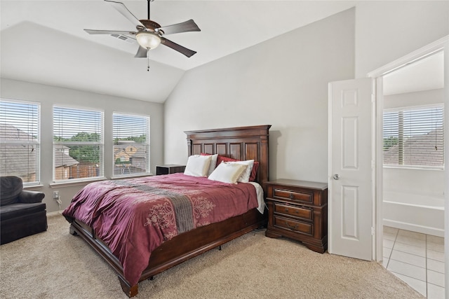 403 Elmcrest Ct, Forney, TX 75126 - bedroom with vaulted ceiling, multiple windows, light carpet, and a ceiling fan