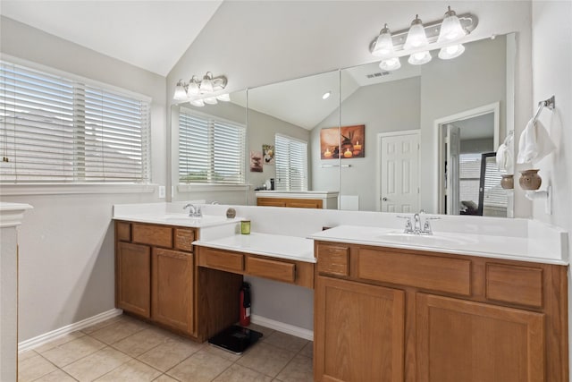403 Elmcrest Ct, Forney, TX 75126 - full bath featuring vaulted ceiling, vanity, tile patterned flooring, and baseboards