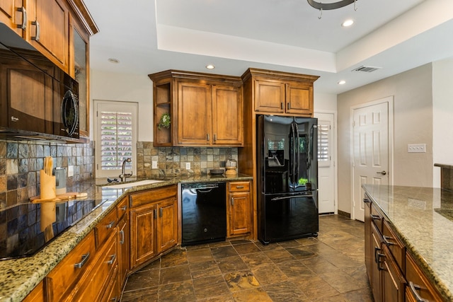 8907 Meadowknoll Dr, Dallas, TX 75243 - kitchen featuring black appliances, a sink, tasteful backsplash, open shelves, and recessed lighting
