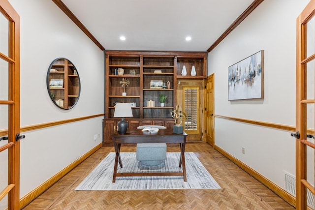 8907 Meadowknoll Dr, Dallas, TX 75243 - office area with crown molding, baseboards, and recessed lighting