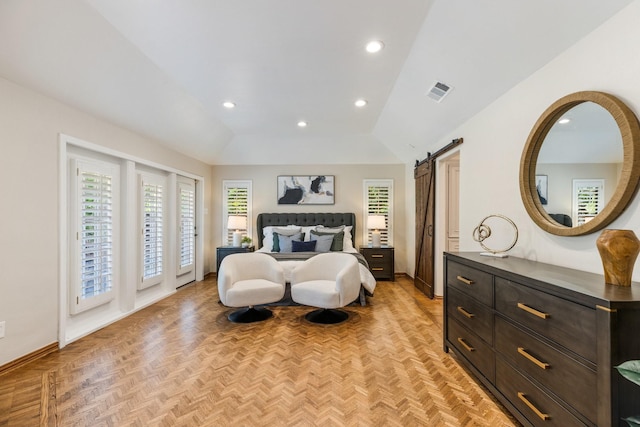 8907 Meadowknoll Dr, Dallas, TX 75243 - bedroom featuring a barn door, multiple windows, access to outside, baseboards, and recessed lighting