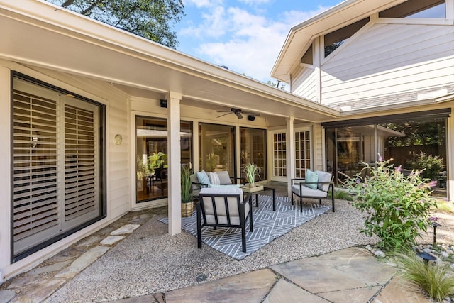 8907 Meadowknoll Dr, Dallas, TX 75243 - view of patio / terrace featuring an outdoor hangout area and a ceiling fan
