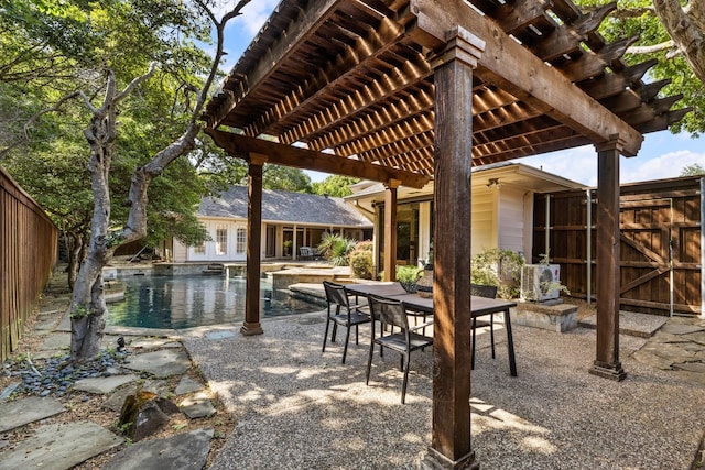 8907 Meadowknoll Dr, Dallas, TX 75243 - view of patio featuring a pergola, an outdoor pool, ac unit, and outdoor dining space