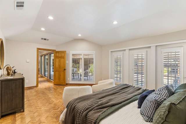 8907 Meadowknoll Dr, Dallas, TX 75243 - bedroom with multiple windows, recessed lighting, vaulted ceiling, access to exterior, and baseboards