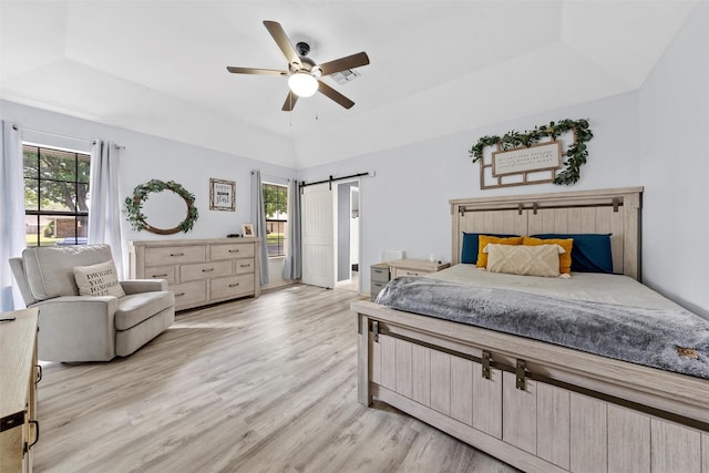 22 Buttercup Cir, Waco, TX 76708 - bedroom with a tray ceiling, light wood finished floors, and a barn door