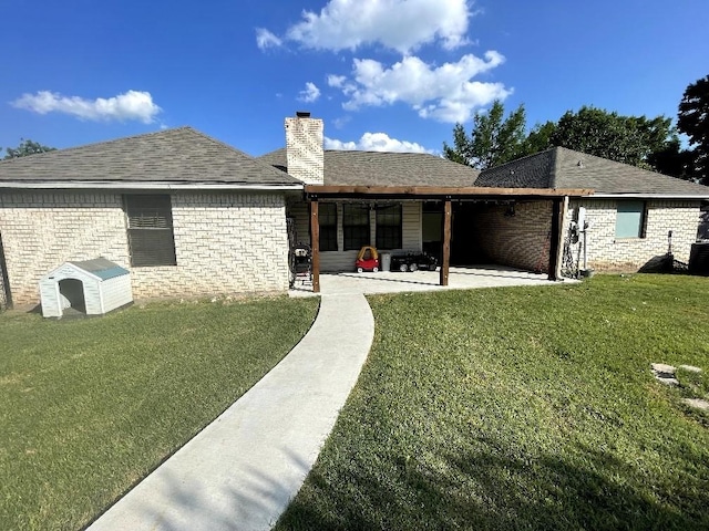 22 Buttercup Cir, Waco, TX 76708 - back of house featuring a patio area, a lawn, brick siding, cooling unit, and a chimney