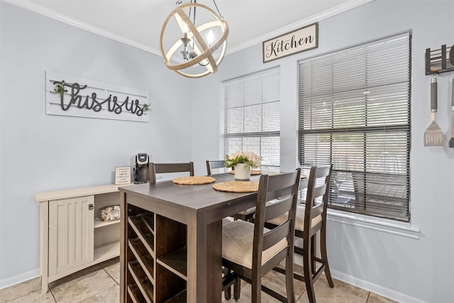 22 Buttercup Cir, Waco, TX 76708 - dining room featuring light tile patterned flooring, crown molding, a chandelier, and baseboards