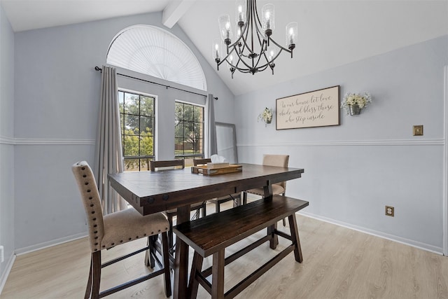 22 Buttercup Cir, Waco, TX 76708 - dining area featuring light wood finished floors, a chandelier, beam ceiling, baseboards, and high vaulted ceiling