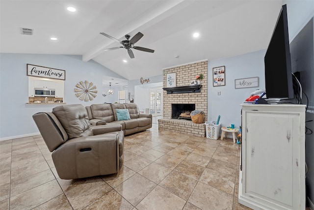 22 Buttercup Cir, Waco, TX 76708 - living room with ceiling fan, a brick fireplace, and recessed lighting