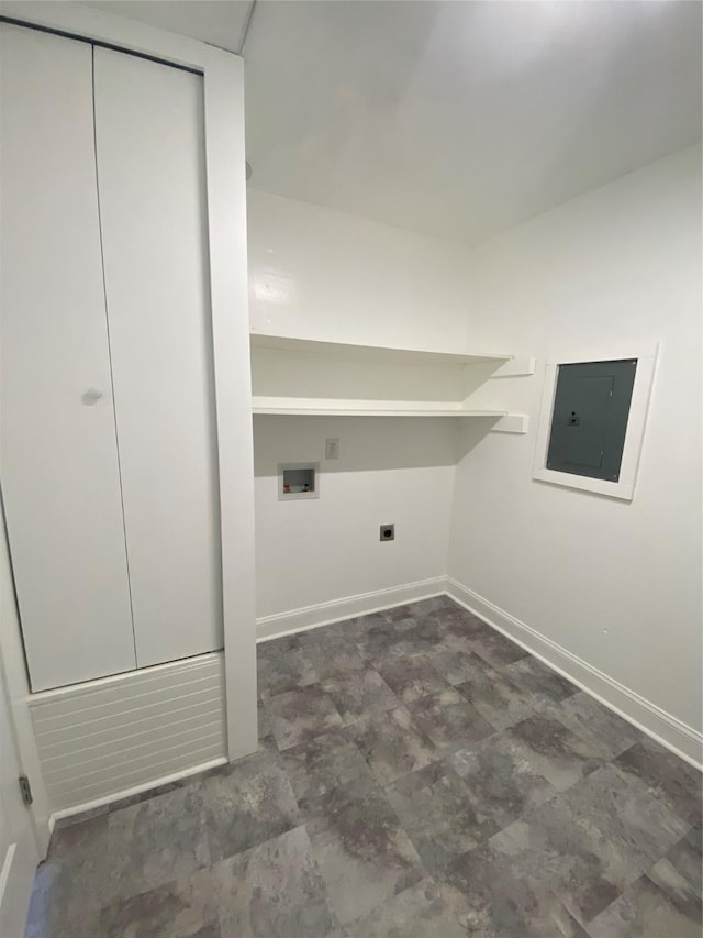 4313 Windsor Dr, Garland, TX 75042 - washroom with hookup for a washing machine, electric panel, electric dryer hookup, baseboards, and tile patterned floors