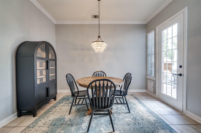 2750 Bandolier Ln, Frisco, TX 75033 - dining space featuring crown molding, a chandelier, baseboards, and light tile patterned flooring