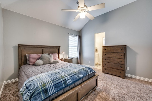 2750 Bandolier Ln, Frisco, TX 75033 - bedroom featuring vaulted ceiling, baseboards, carpet, ceiling fan, and connected bathroom