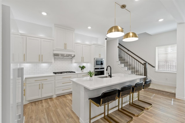 8509 Barnbougle Dunes Dr, Mckinney, TX 75070 - kitchen featuring stainless steel appliances, a sink, under cabinet range hood, light countertops, and light wood-style floors