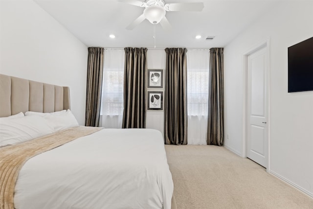 8509 Barnbougle Dunes Dr, Mckinney, TX 75070 - bedroom with light colored carpet, recessed lighting, ceiling fan, and baseboards