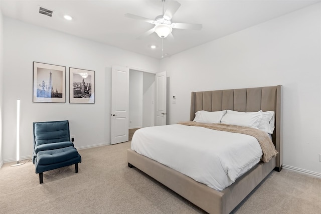 8509 Barnbougle Dunes Dr, Mckinney, TX 75070 - bedroom with light colored carpet, baseboards, recessed lighting, and ceiling fan