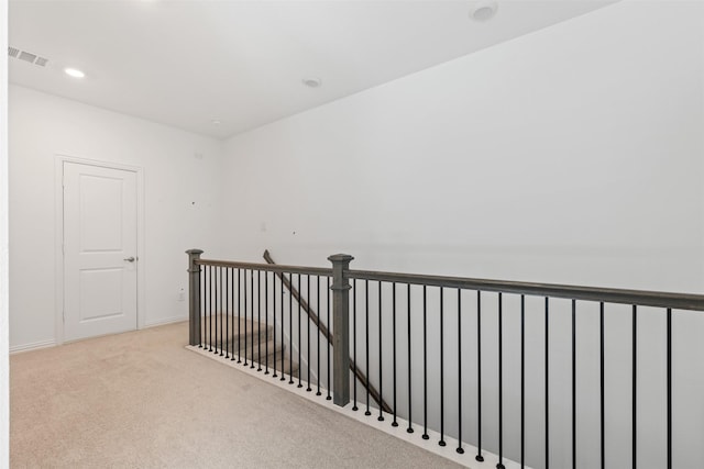 8509 Barnbougle Dunes Dr, Mckinney, TX 75070 - hall featuring carpet, an upstairs landing, recessed lighting, and baseboards