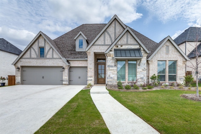 518 Syracuse St, Haslet, TX 76052 - tudor home featuring a shingled roof, driveway, a front lawn, and a garage