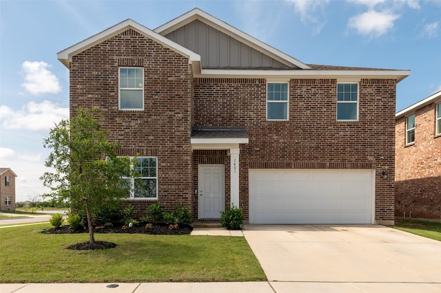 1401 Ancer Way, Fort Worth, TX 76052 - view of front of property featuring brick siding, board and batten siding, an attached garage, and a front yard