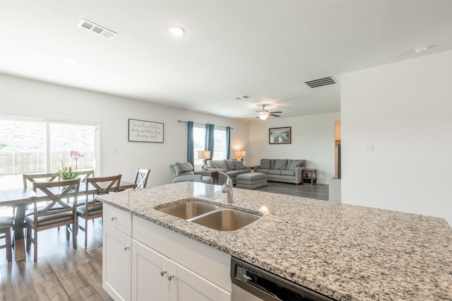 1401 Ancer Way, Fort Worth, TX 76052 - kitchen featuring a sink, light stone countertops, white cabinetry, light wood finished floors, and open floor plan
