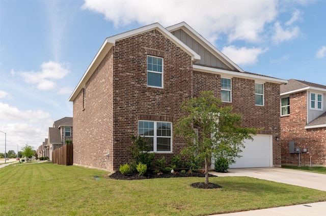 1401 Ancer Way, Fort Worth, TX 76052 - view of side of property with board and batten siding, brick siding, a garage, and driveway