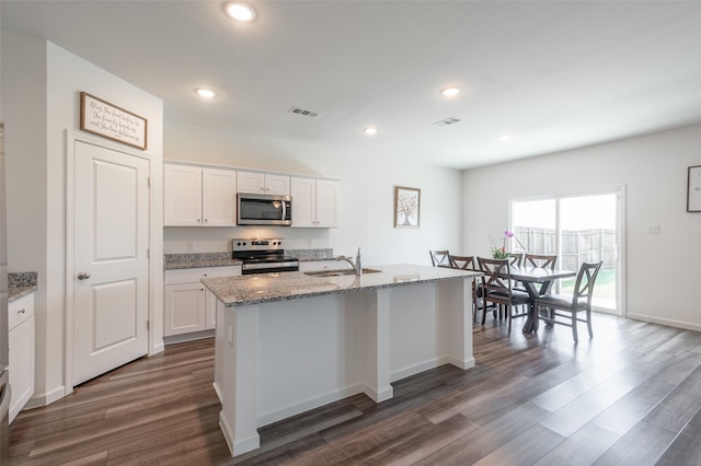 1401 Ancer Way, Fort Worth, TX 76052 - kitchen with stainless steel appliances, a sink, dark wood finished floors, light stone countertops, and recessed lighting