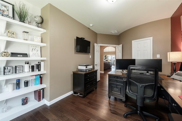 4426 Mineral Creek Trl, Celina, TX 75078 - office area featuring dark wood-style flooring, baseboards, and arched walkways