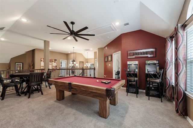 4426 Mineral Creek Trl, Celina, TX 75078 - game room featuring carpet, ceiling fan, attic access, vaulted ceiling, and recessed lighting