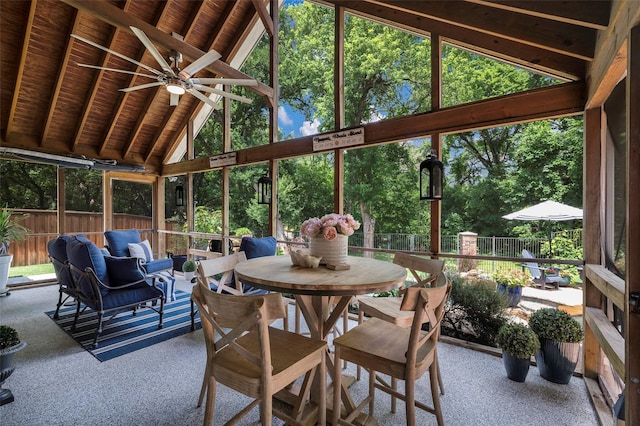5312 Timber Park Dr, Flower Mound, TX 75028 - sunroom / solarium with a ceiling fan, lofted ceiling, an outdoor hangout area, and outdoor dining area