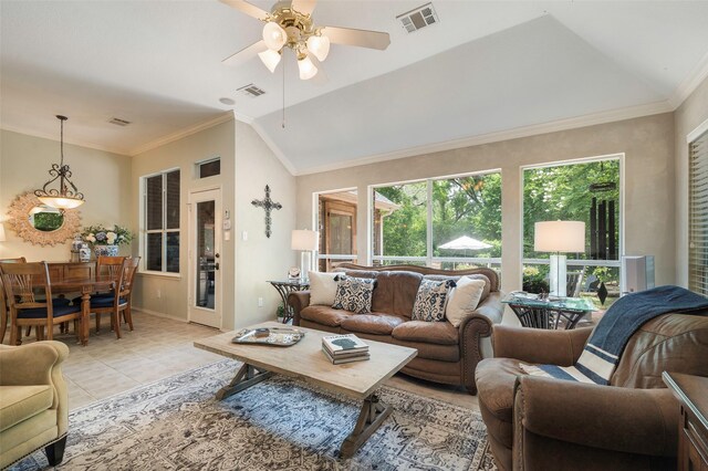 5312 Timber Park Dr, Flower Mound, TX 75028 - living area featuring lofted ceiling, a ceiling fan, and light tile patterned flooring