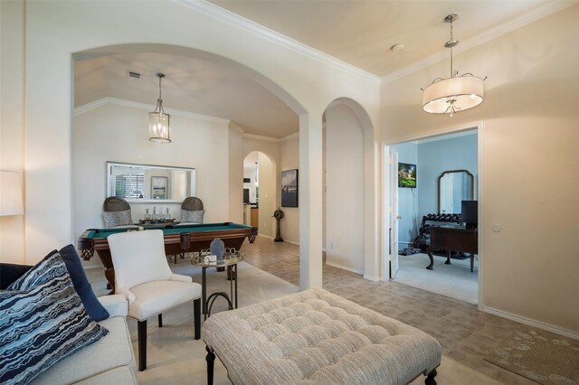 5312 Timber Park Dr, Flower Mound, TX 75028 - living area with arched walkways, billiards table, crown molding, baseboards, and light tile patterned floors