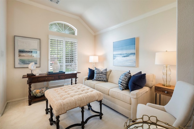5312 Timber Park Dr, Flower Mound, TX 75028 - living room featuring light colored carpet, baseboards, vaulted ceiling, and ornamental molding