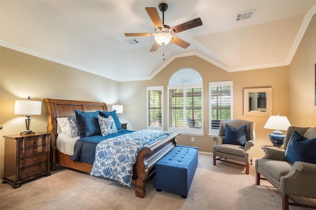 5312 Timber Park Dr, Flower Mound, TX 75028 - bedroom with light colored carpet, lofted ceiling, a ceiling fan, crown molding, and baseboards