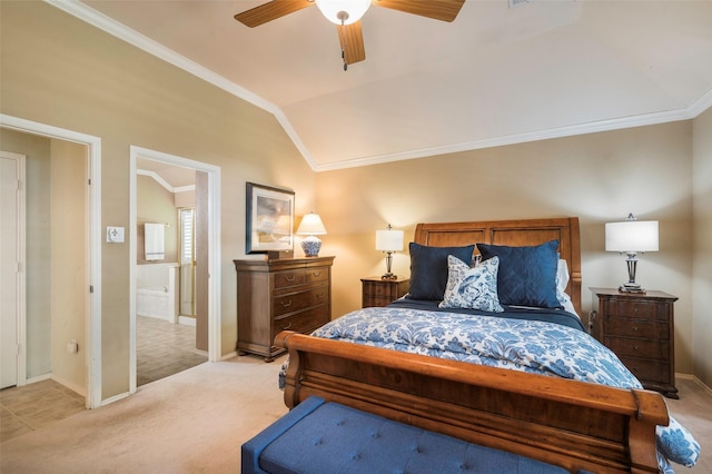5312 Timber Park Dr, Flower Mound, TX 75028 - bedroom with ornamental molding, light carpet, vaulted ceiling, baseboards, and ensuite bath