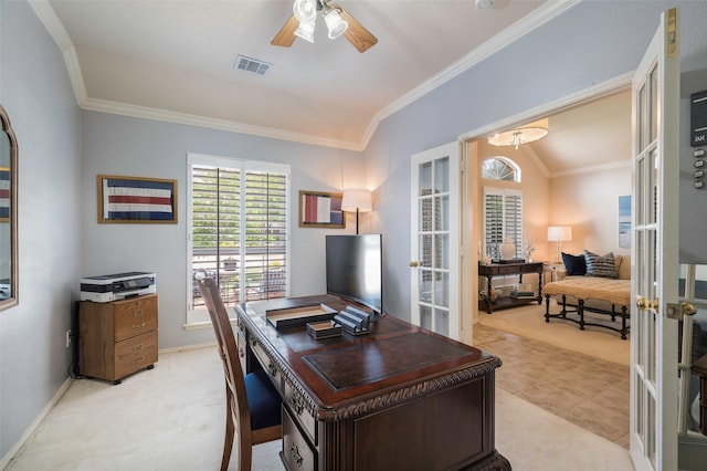 5312 Timber Park Dr, Flower Mound, TX 75028 - office area featuring french doors, crown molding, ceiling fan, light carpet, and baseboards
