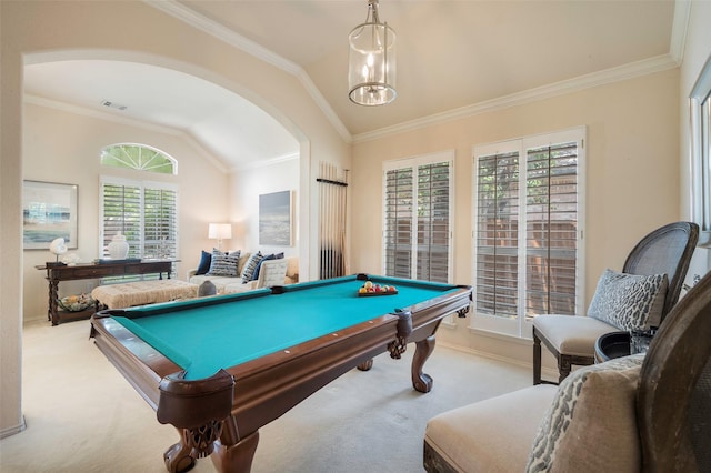 5312 Timber Park Dr, Flower Mound, TX 75028 - recreation room with carpet flooring, billiards table, lofted ceiling, arched walkways, and ornamental molding
