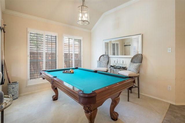 5312 Timber Park Dr, Flower Mound, TX 75028 - recreation room with vaulted ceiling, carpet, ornamental molding, baseboards, and billiards table